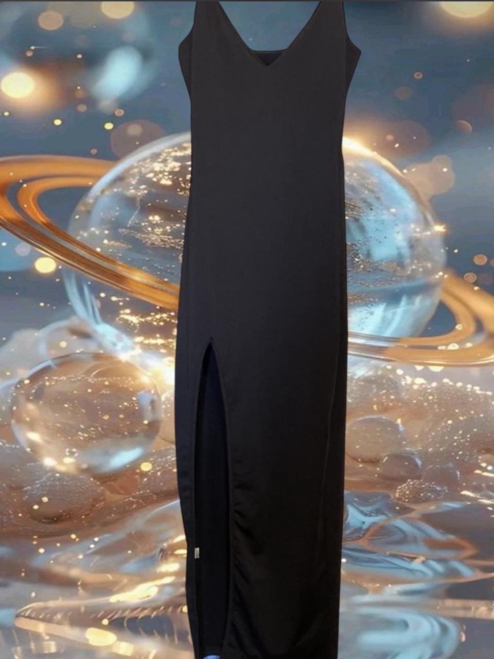 Source Unknown Black Sleeveless V-Neck Maxi Dress with Front Slit